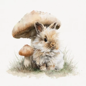Peaceful fluffy rabbit under cozy mushroom, gentle watercolor, e...