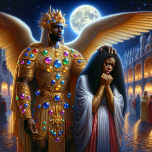Create an oil painting image featuring a male angel and a grievi...