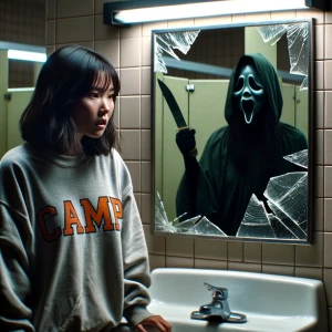 A girl in a 1980s camp hoodie stares into a cracked mirror insid...