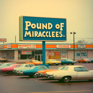 Color film photograph of a suburban strip mall in 1976. One of t...