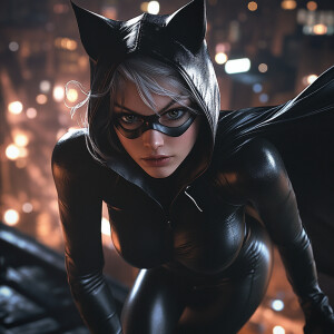 An athletic woman wearing a tight black leather suit with cat ea...