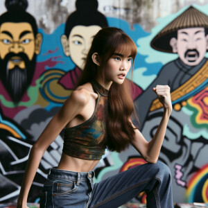 Very thin Athletic Thin skinny Attractive, Asian teenage girl, long brown hair and bangs, wearing tight skinny jeans and a halter top paint marks on her clothing, sitting side view heroic pose Asian graffiti