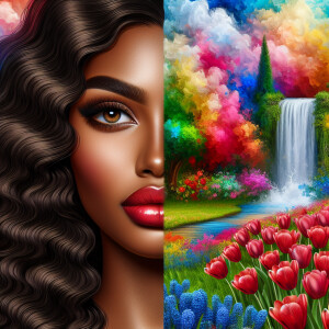 Create a digital artwork showing a half-portrait of a light-skin...