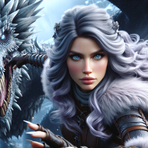 A beautiful huntress from the “Monster Hunter” series with dark...