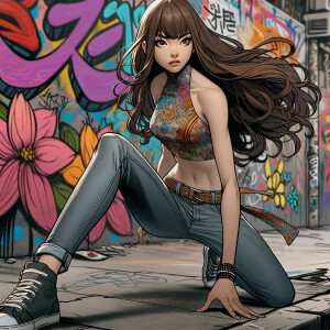 teenage girl, long brown hair and bangs, wearing tight skinny jeans and a halter top paint marks on her clothing, heroic pose Asian graffiti background, nearing on one knee