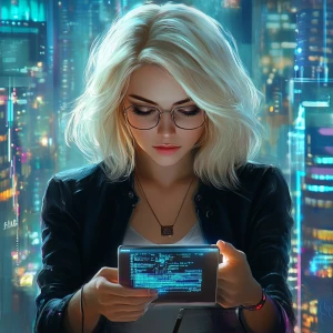 A blonde 40ish woman working in the technology world, edgy