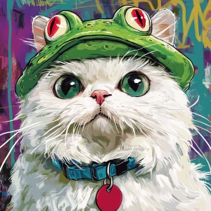 A white cat with a fluffy coat, sporting a whimsical green frog...