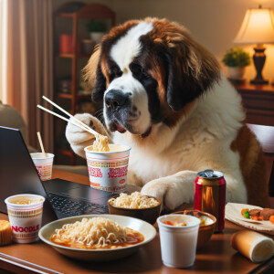 St Bernard is sitting at the table, staring at the computer scre...