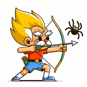 Generate an image of Bart Simpson at age 65 years old shooting a bow and arrow at a spider