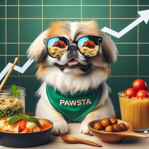 Pekingese dog.with sunglasses that show a reflection of pasta in...
