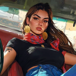 a not pretty girl with brown hair, thick eyebrows, pumped up lip...