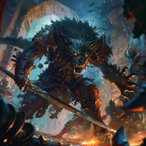 Craft a vivid scene set in a dark fantasy realm, where a fearsom...