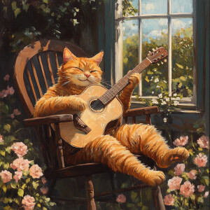 Orange cat strumming a makeshift guitar on a garden chair.