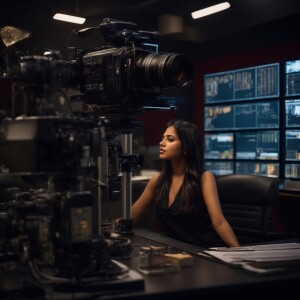 A Young Indian Women Newsreader sitting in the news studio