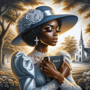 Render an airbrush oil painting of an African American woman with flawless makeup in a
contemplative pose, holding a Bible close to her heart, dressed in an elegant Sunday Best
outfit with a distinctive Church Hat. The background features a peaceful church garden,
with light filtering through the trees, highlighting her spiritual connection and the personal
moment of reflection. The artwork should capture the tranquility of the scene, the beauty
of her attire, and the depth of her contemplation, reflecting a serene and spiritually