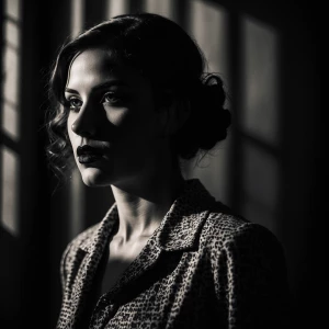 A portrait of a woman noir style, 20’s era, shadows. High contra...
