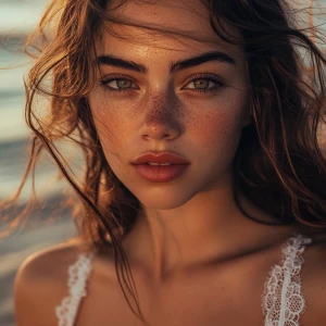 A close-up, mid-body portrait of Dahlia Valentina standing on a...