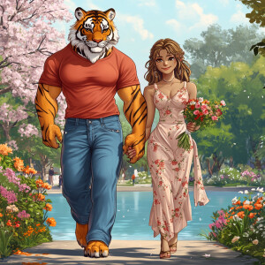 Create an image of a muscular, anthropomorphic male tiger in blu...