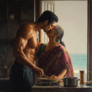 Hyperrealism painting.a muscular sweaty indian man standing an...