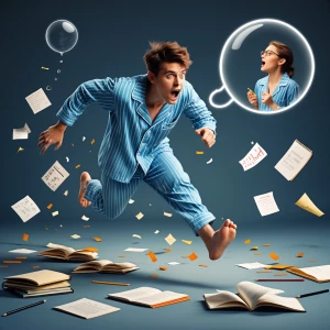 Create a humorous image of a person in pajamas frantically rushi...