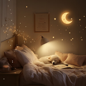 Create a warm and inviting bedroom scene featuring a luxurious b...