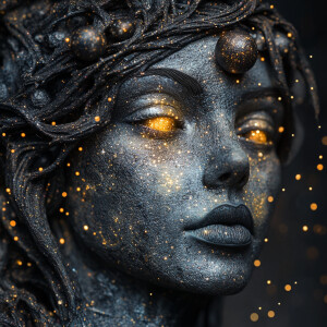 Create an ultra-realistic bust portrait of a cosmic witch, captu...