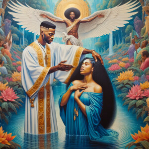 An oil painting depicting a light-skinned African-American pasto...