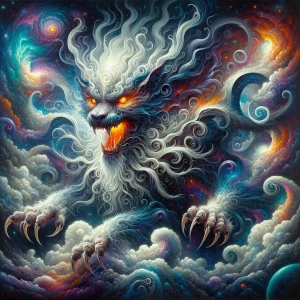 In the heart of an elaborate nebulous manticore, swirling tendri...