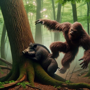 A sasquatch, its body covered in shaggy fur, is captured in mid-...