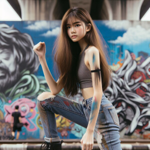 teenage girl, long brown hair and bangs, wearing tight skinny jeans and a halter top paint marks on her clothing, heroic pose Asian graffiti background, nearing on one knee