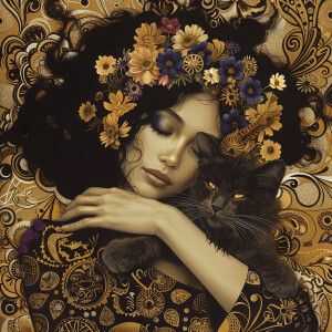 Create an image of a stunning woman adorned with flowers in her...
