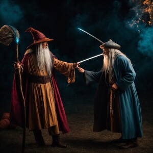 An image of Gandalf fighting with the target Dumbledore.