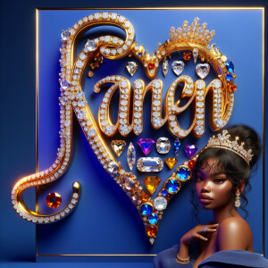 Craft a 3-D image showcasing the name 'KAREN' in a luxurious gol...