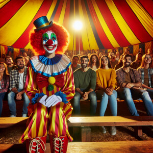 People are sitting in a circus tent, and there is a scary smilin...