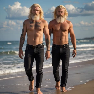 Two Men long blonde hair beard shirtless in black jeans barefoot walking on the beach