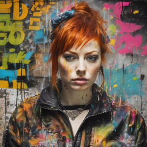 Photorealistic image.   . Ginger haired woman. Word ‘ Shakalaka’