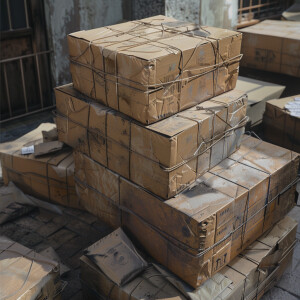 Photorealistic image. Package from Temu finally arrives from Chi...