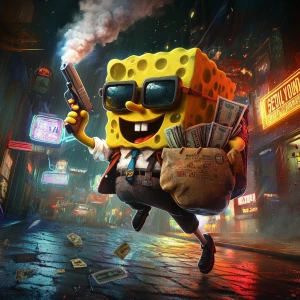 SpongeBob SquarePants holding a smoking pistol in one hand and...