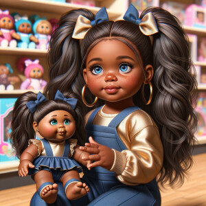 Create a 3-D image of an african-American little girl inside of a medium size, toy store. The little girl has thick long, ponytails and huge blue eyes. She has on a gold and blue jumpsuit with matching bows, She is playing with her favorite african-American cabbage patch doll, the doll has deep, dimples, and freckles and looks just like her