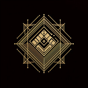 Black background with intricate golden lines forming a square, i...