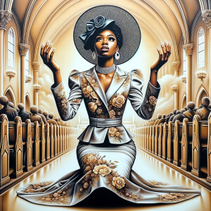 Render an airbrush oil painting of an African American woman with flawless makeup
kneeling at a church altar, her hands raised in a gesture of surrender to God. She's
dressed in stylish Sunday Best attire, with a particular focus on the delicate details of
her Church Hat. The background features a beautifully painted church interior, with the
oil paint texture enhancing the sacred atmosphere. The artwork should capture the
woman's devout expression, the elegance of her attire, and the spiritual ambiance of
the church setting, reflecting a moment of deep faith and devotion.