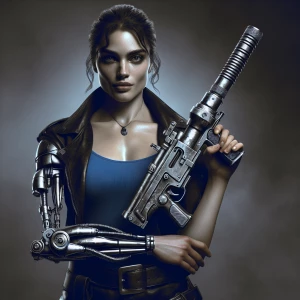 Create an image of a woman who has a prosthetic leg that is also...