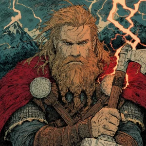 Graphic novel style illustration of Thor, Norse god of thunder,...