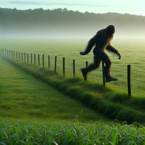 A huge green field with a long fence showing a humanoid looking hair covered sasquatch gingerly walking right over the fence