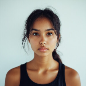 A portrait of a 22-year-old Malaysian American woman with clear,...