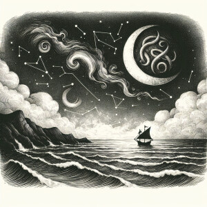 Imagine a crescent moon hanging over a vast, calm ocean at night...