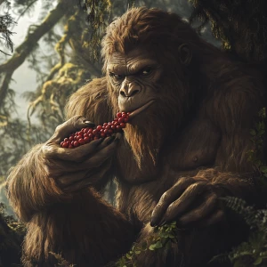 a large humanoid looking sasquatch eating berry's in the forest...