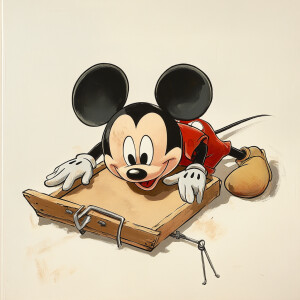 mickey mouse lying face down trapped in a mousetrap, faceplant,