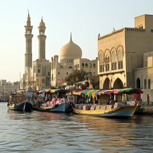 Zeige eine lebhafte arabische Hafenstadt im Mittelalter. Händler...