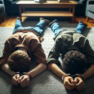 two white male youth handcuffed laying face down in a living roo...